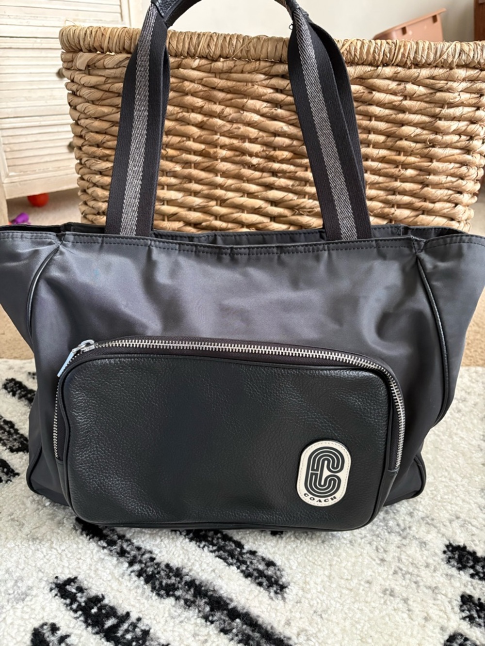 Coach Black Nylon Tote with Front Zip Pocket and Logo Patch